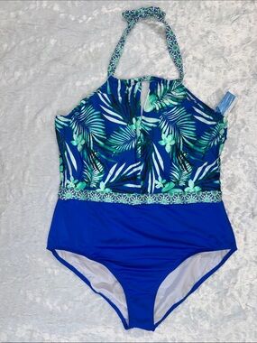 Clean water NWT Blue Tropical Halter One-Piece Swimsuit with Green Leaf Print